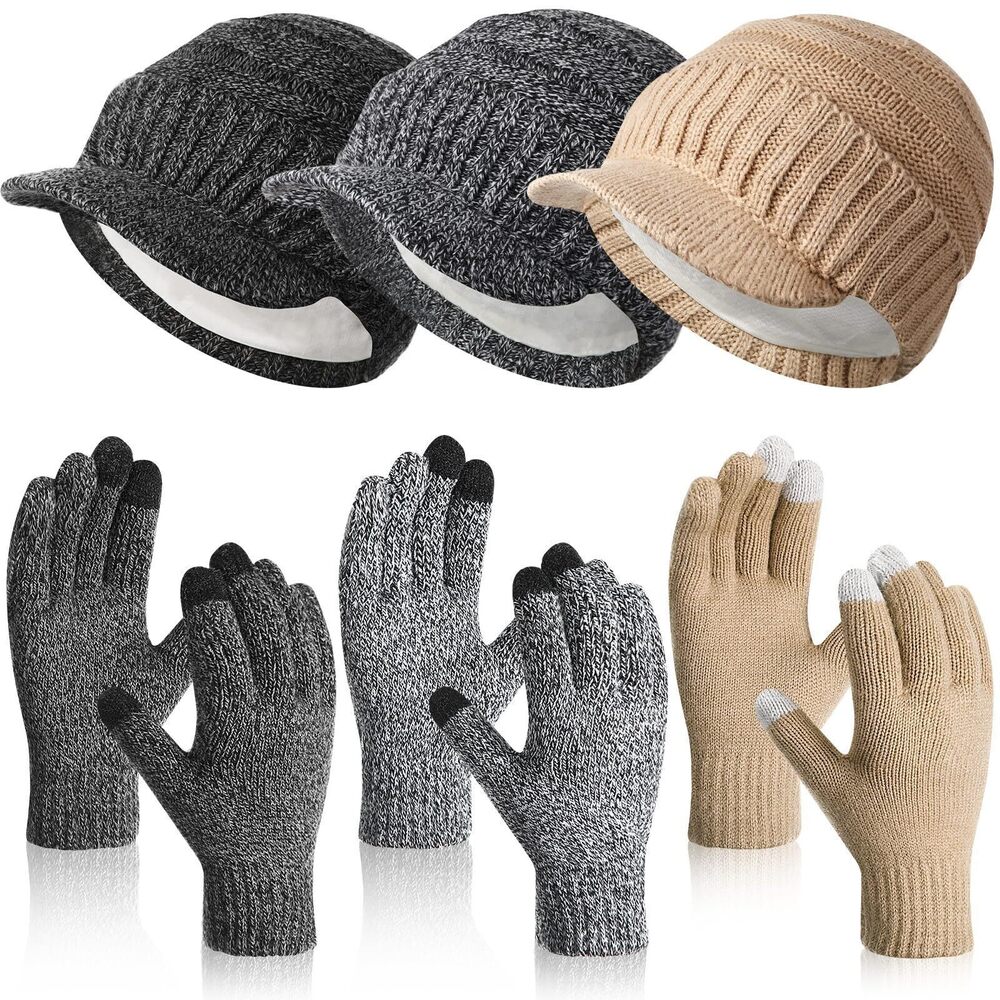 8633 6 Pcs Winter Beanie Hat Gloves Set Satin Lined Beanie Hat with Visor